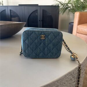 Pearl Crush Zip Around Vanity Case with Chain Quilted Denim Mini